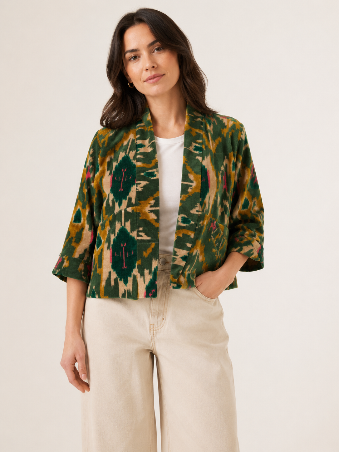 green printed cotton velvet jacket on woman