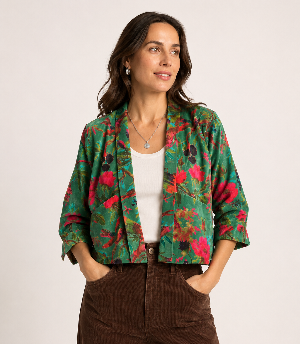 bold printed cotton velvet jacket on woman