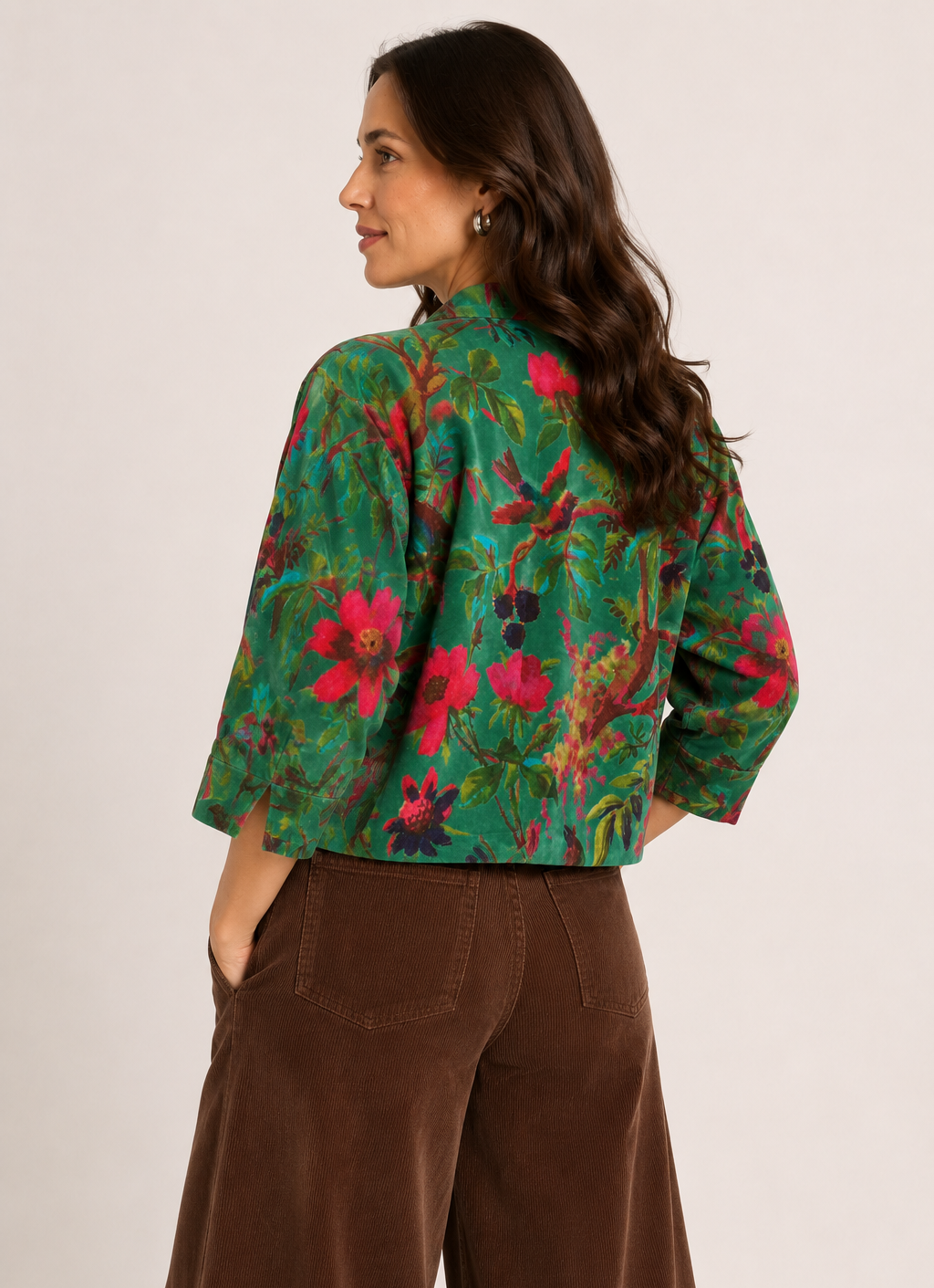 Bold printed velvet jacket on women