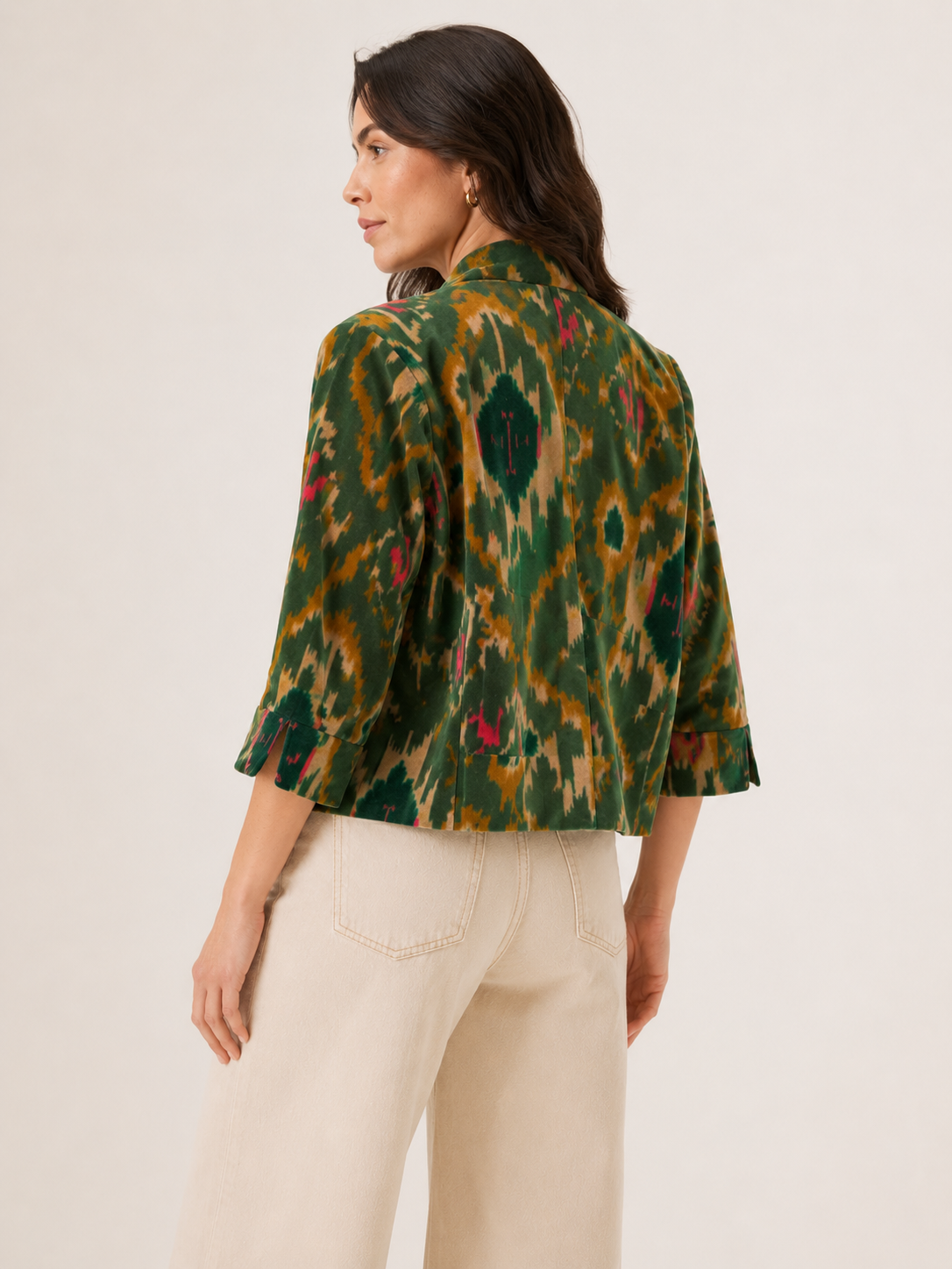 green printed cotton velvet jacket on woman