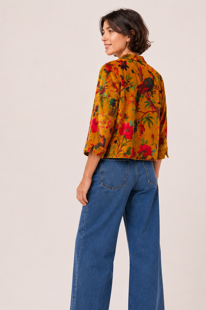 mustard printed cotton velvet jacket on woman