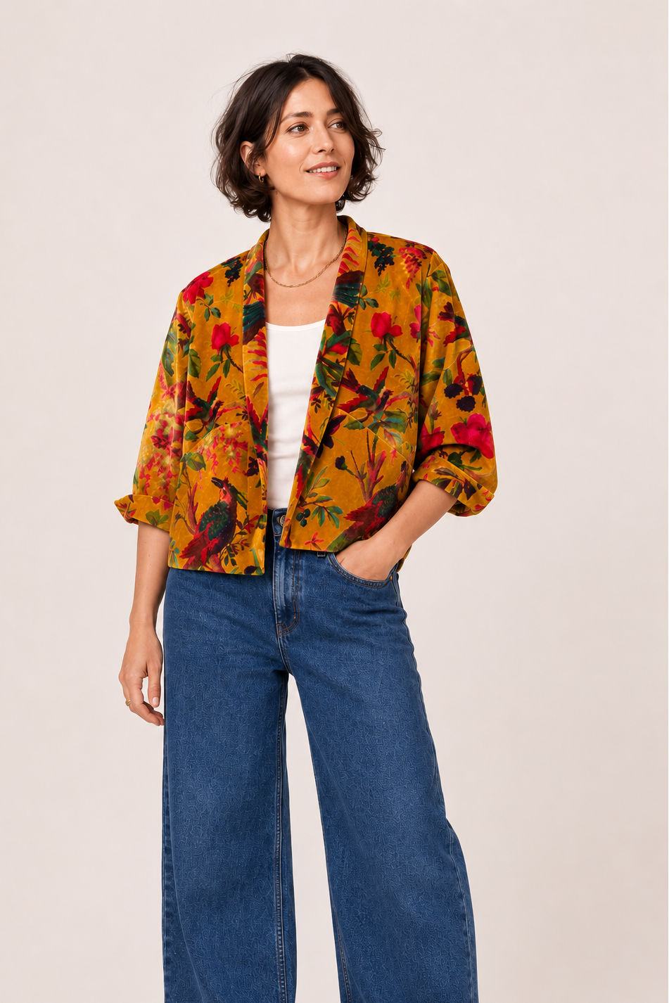 mustard printed cotton velvet jacket on woman