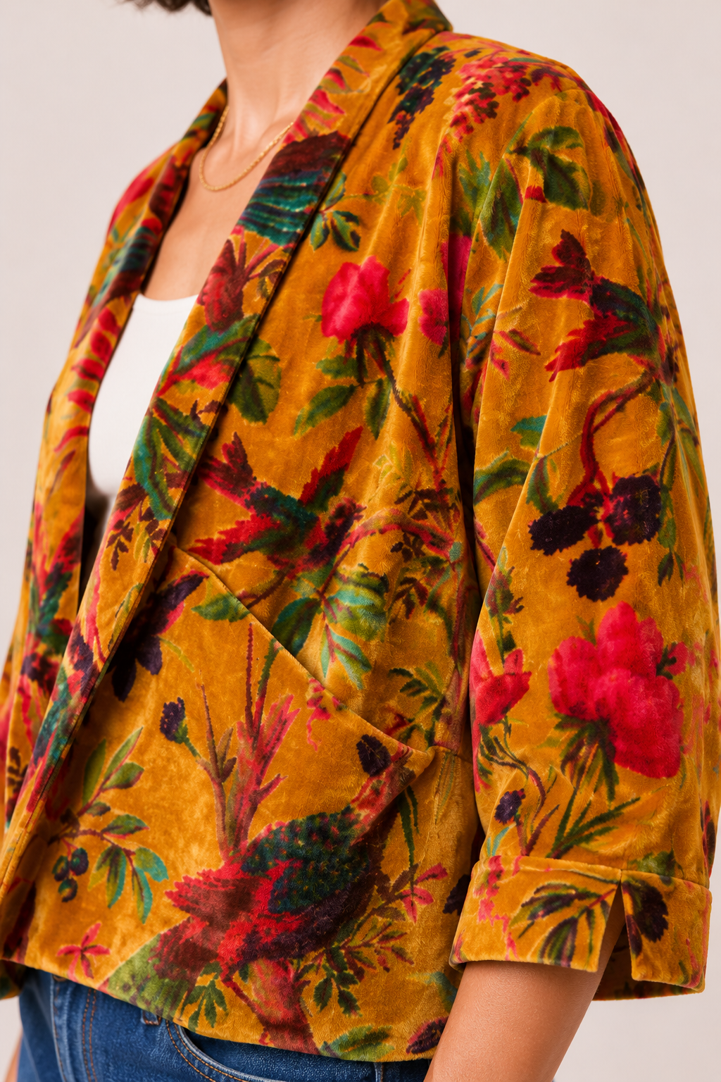 cotton velvet jacket printed with mustard yellow and birds of paradise