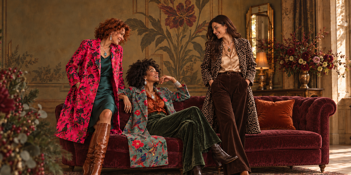 Three women posing together in a vintage-style room with floral wallpaper and a red velvet sofa, showcasing different fashion looks including colorful floral coats and trousers.
